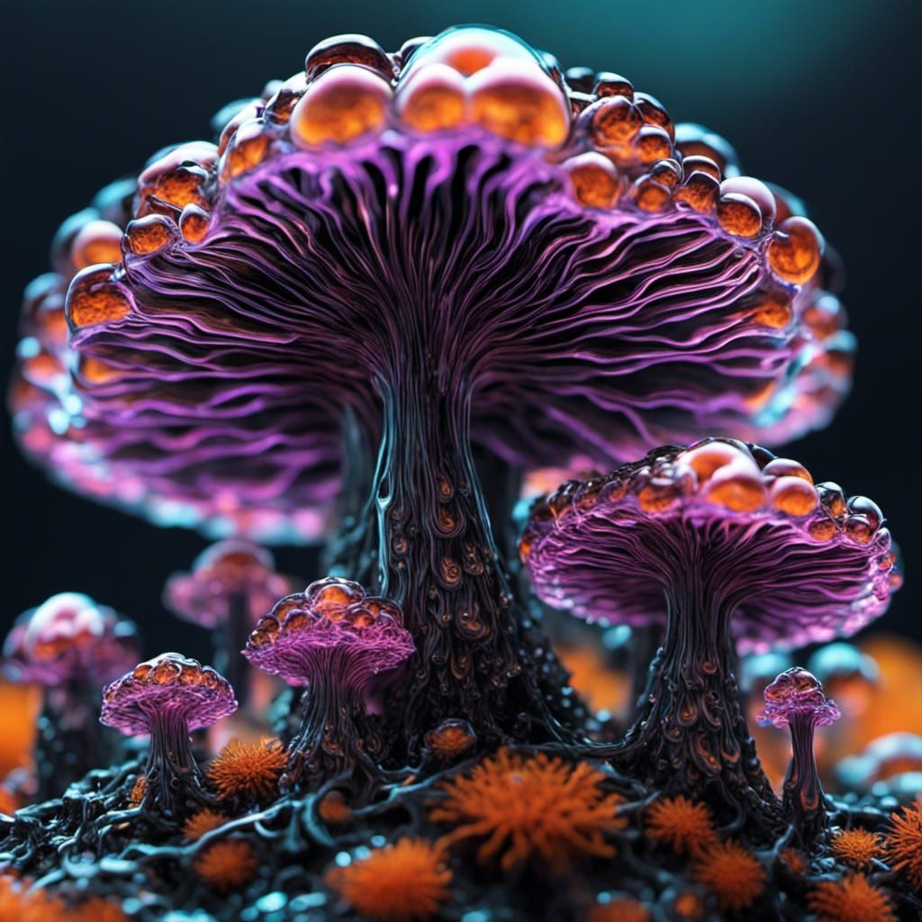 Neon Fractal Wonderland: Macrodetailed CGI Mushroom Art