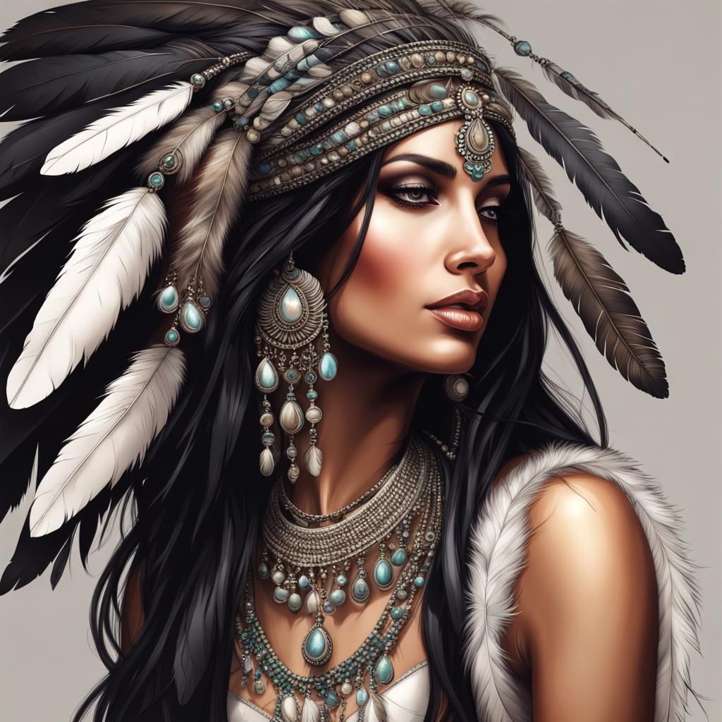 Indigenous Woman with Feathers and Stone Necklace