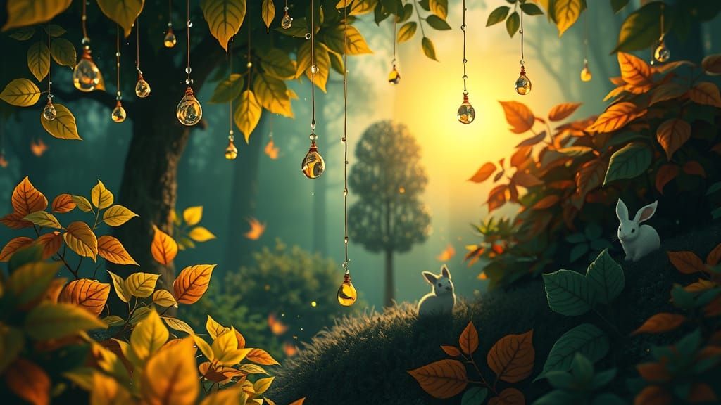 Whimsical Enchanted Forest at Sunrise with Magical Creatures