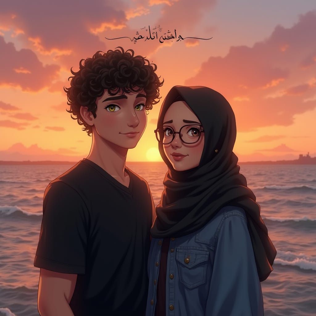 Romantic Digital Painting of Couple by Sunset Sea