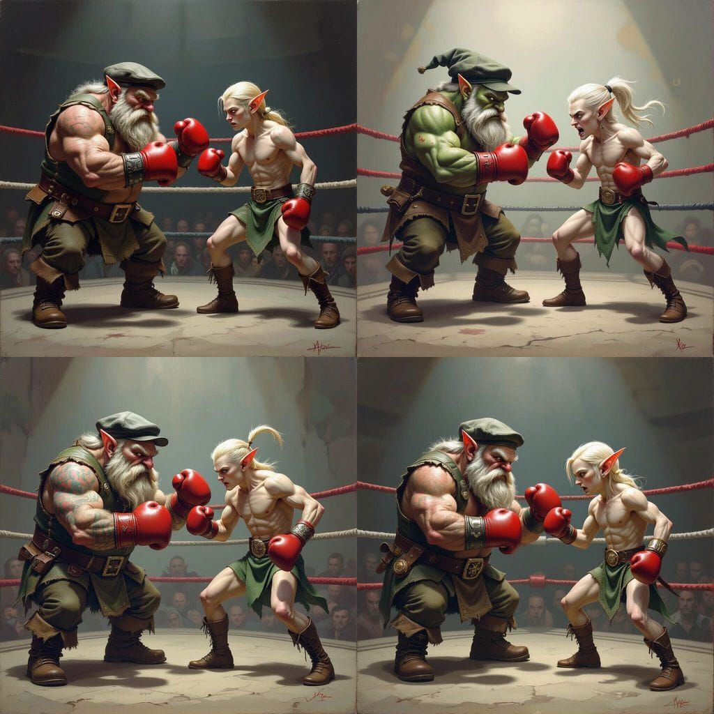 Dwarf vs Elf Boxing Match in Dark Fantasy Style