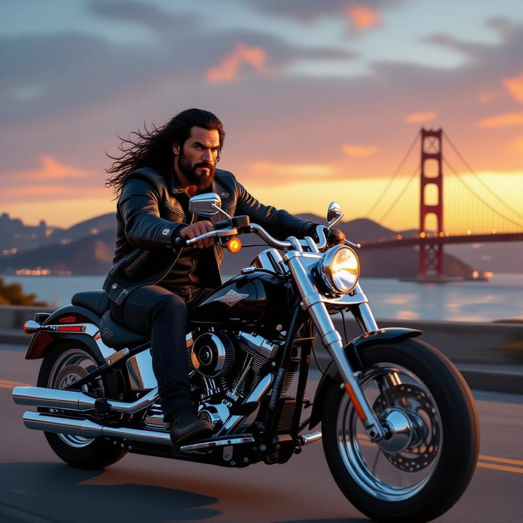 Jason Momoa-like Man on Harley with Alcatraz Backdrop
