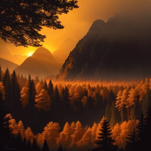 Hyperrealistic Forest Sunset in Style of Ansel Adams
