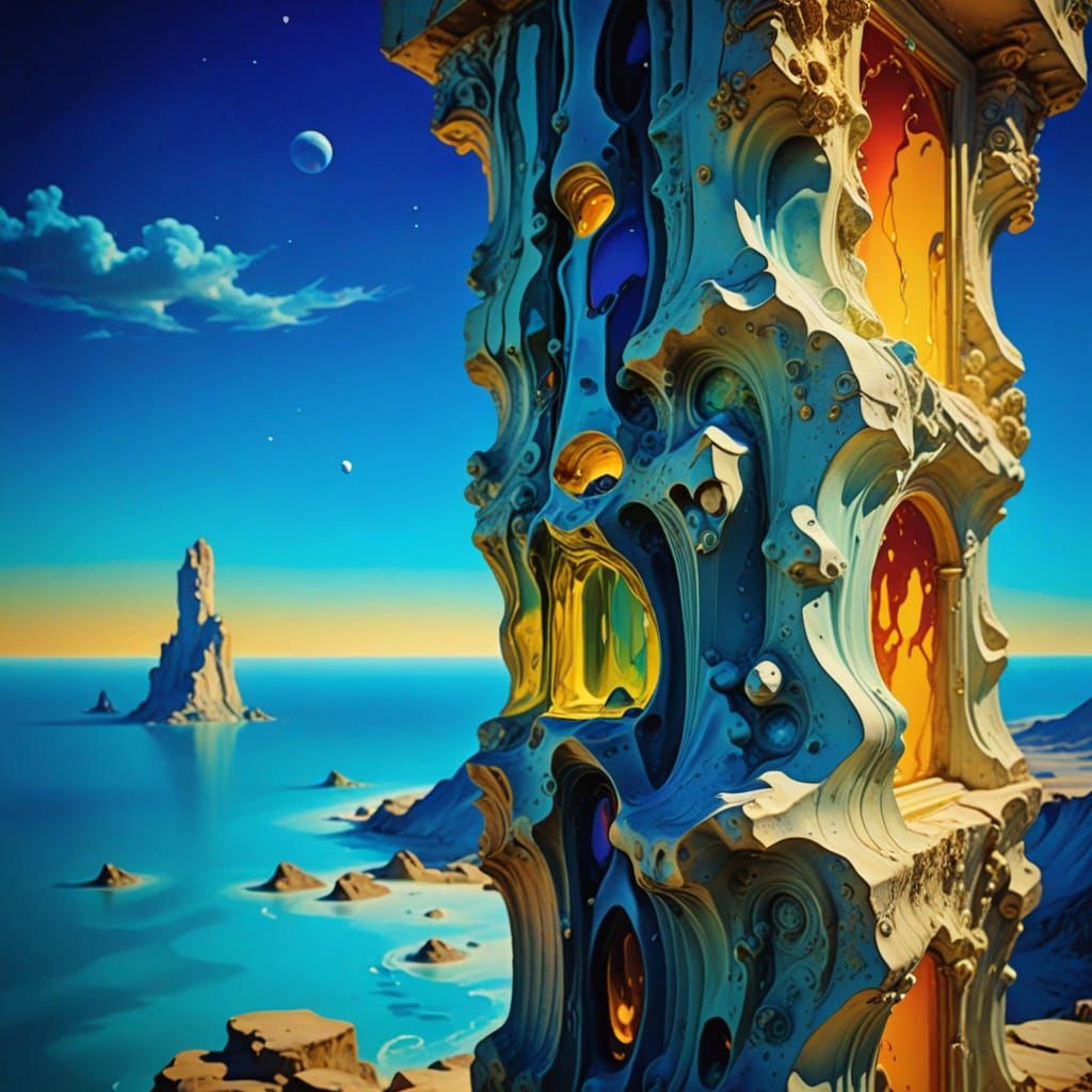 Surreal Stone Pillar Melts in Vibrant Dreamlike Scene
