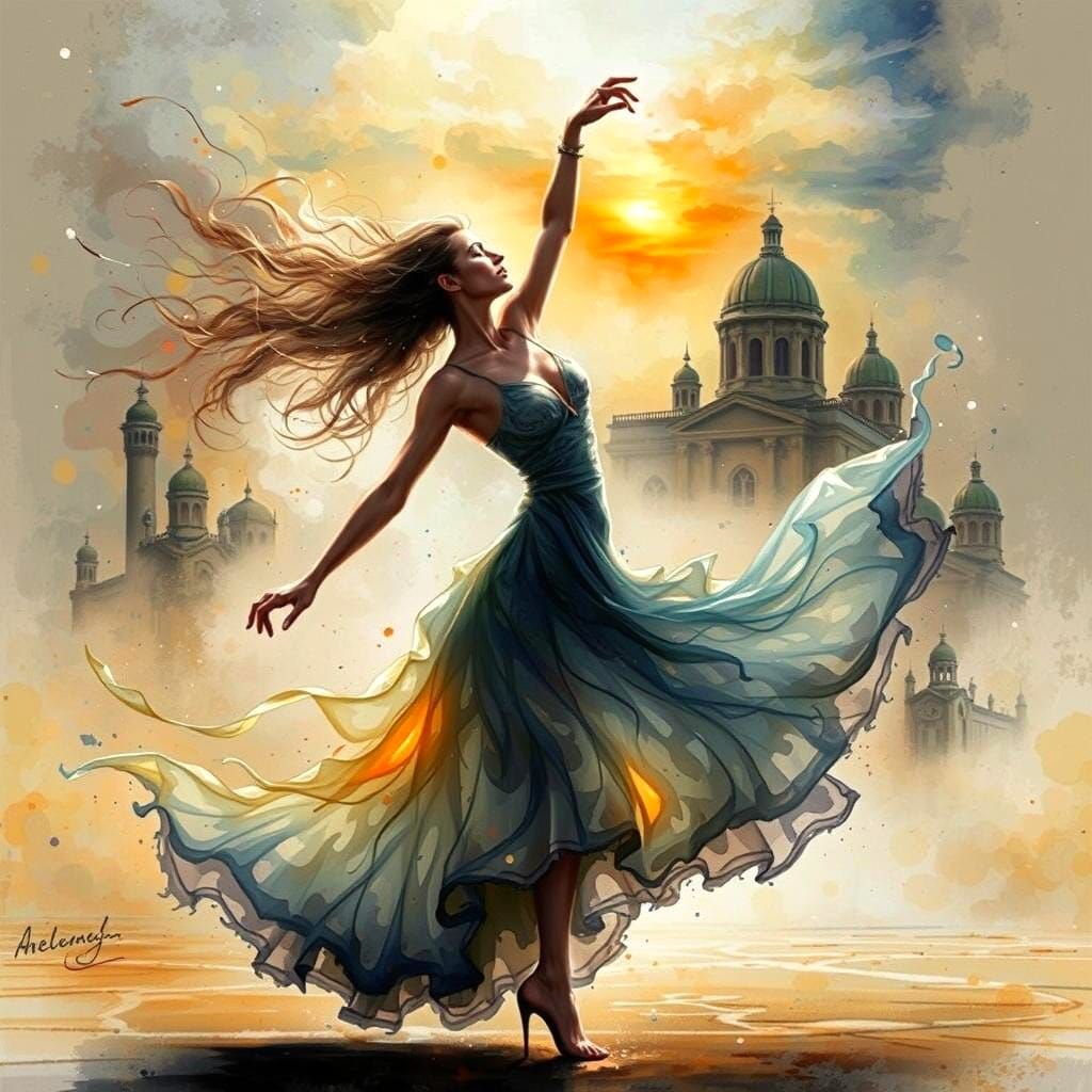 Girl Dancing in Ethereal Sunrise Gown
