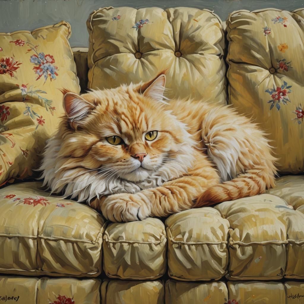 Fluffy Yellow Cat Sleeping, Oil Painting