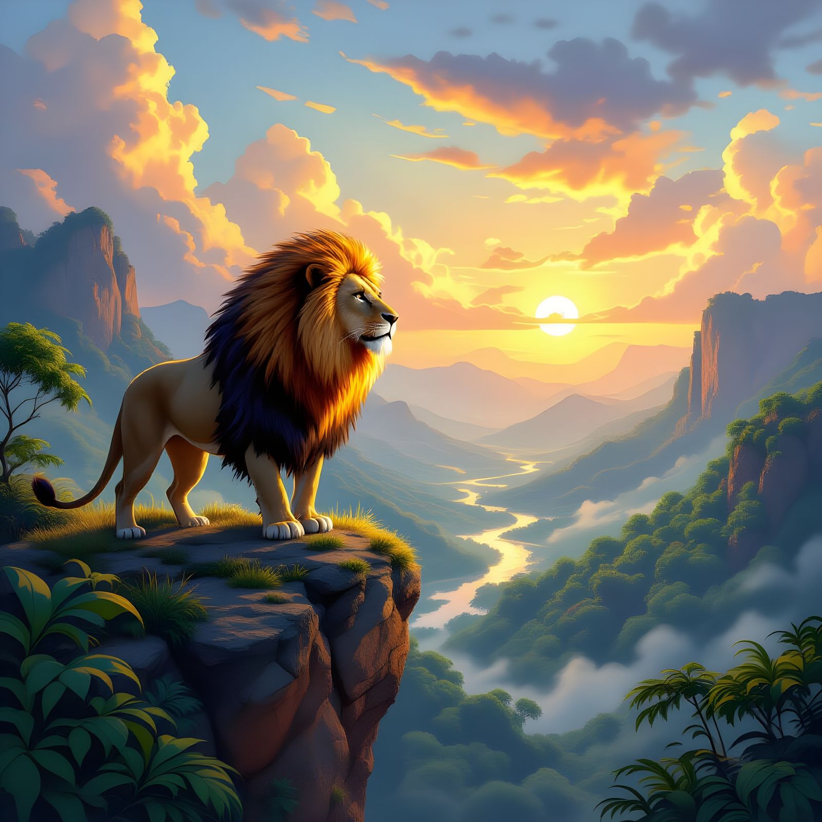 Fierce Lion Overlooking Fantasy Jungle Valley