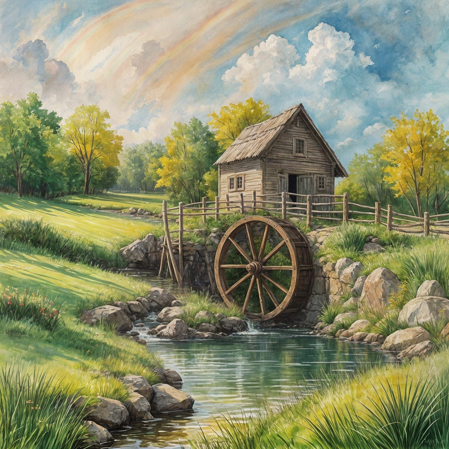 Whimsical Water Wheel Scene in a Peaceful Stream Landscape