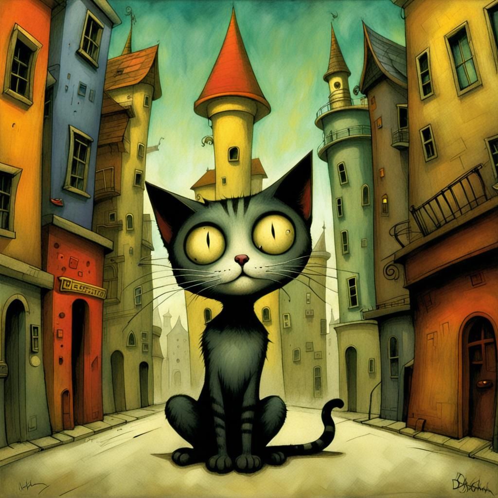 Dichotomy: Cat in Half Chibi Style with Architecture