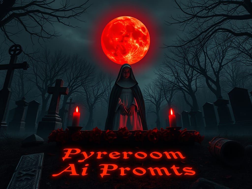 Cursed Nun Under Blood Moon in Cemetery