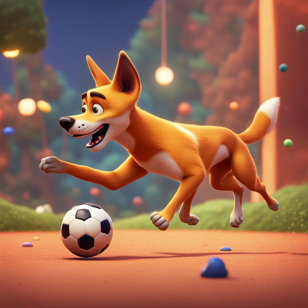 Dingo Playing Soccer: Pixar Style 3D Art