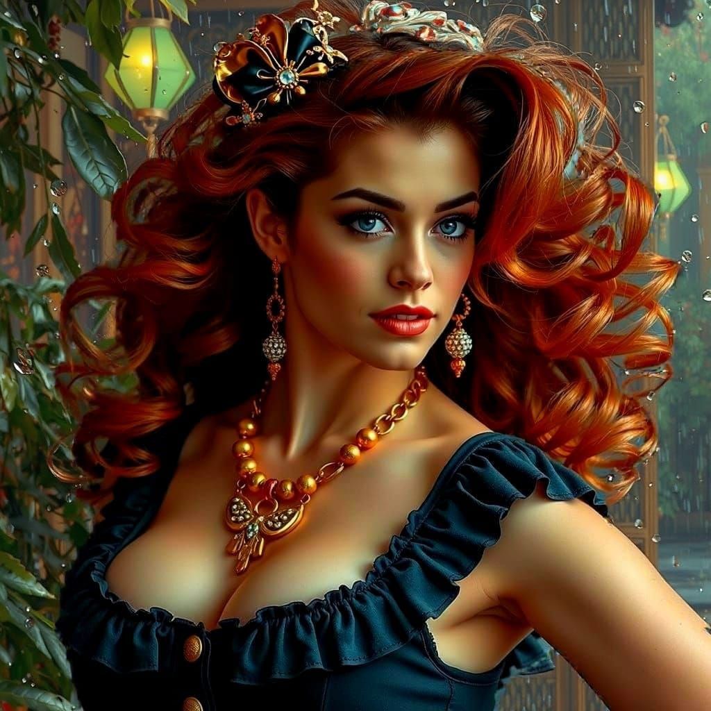 Glamorous Green Garden Scene in Mysterious Rainy Weather