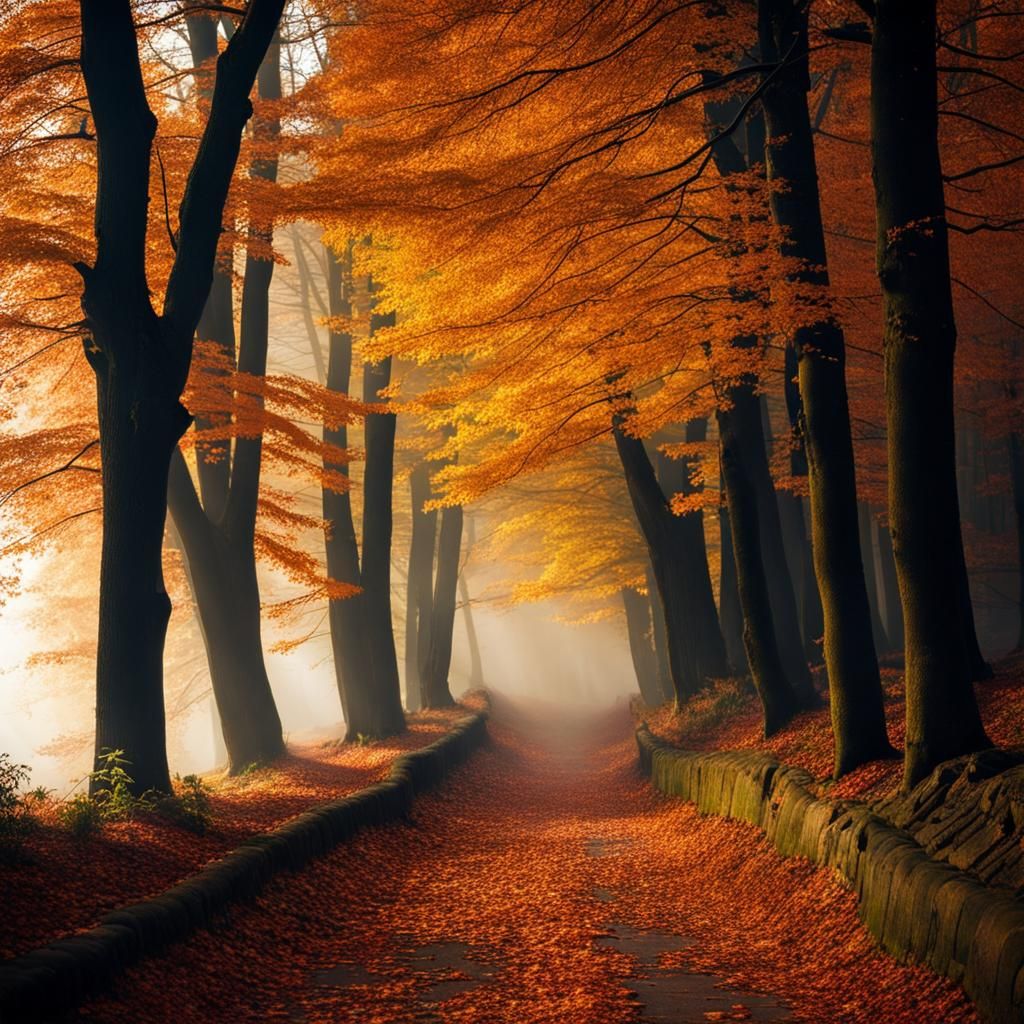Autumn Leaves Falling on Forest Path