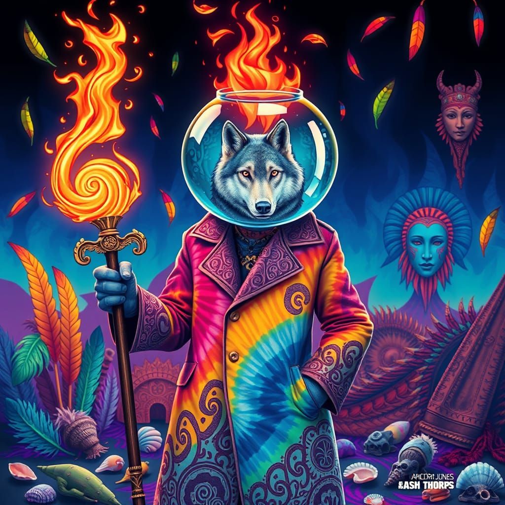 Glass-Headed Humanoid with Flaming Staff in Psychedelic Scen...