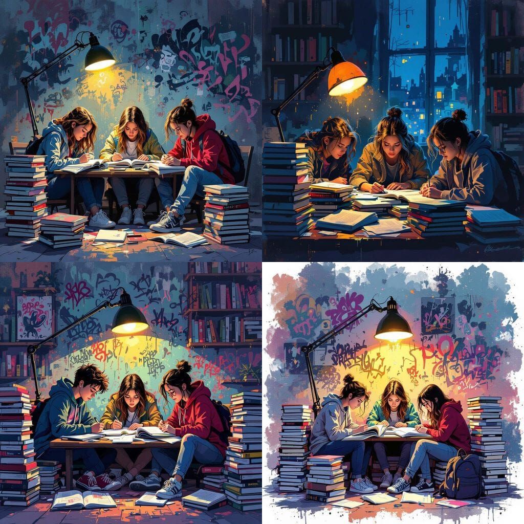 Tired Students Study Late Under Glowing Lamp