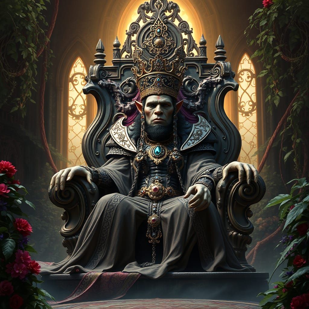 Steampunk Ogre Queen Victoria on Gothic Throne