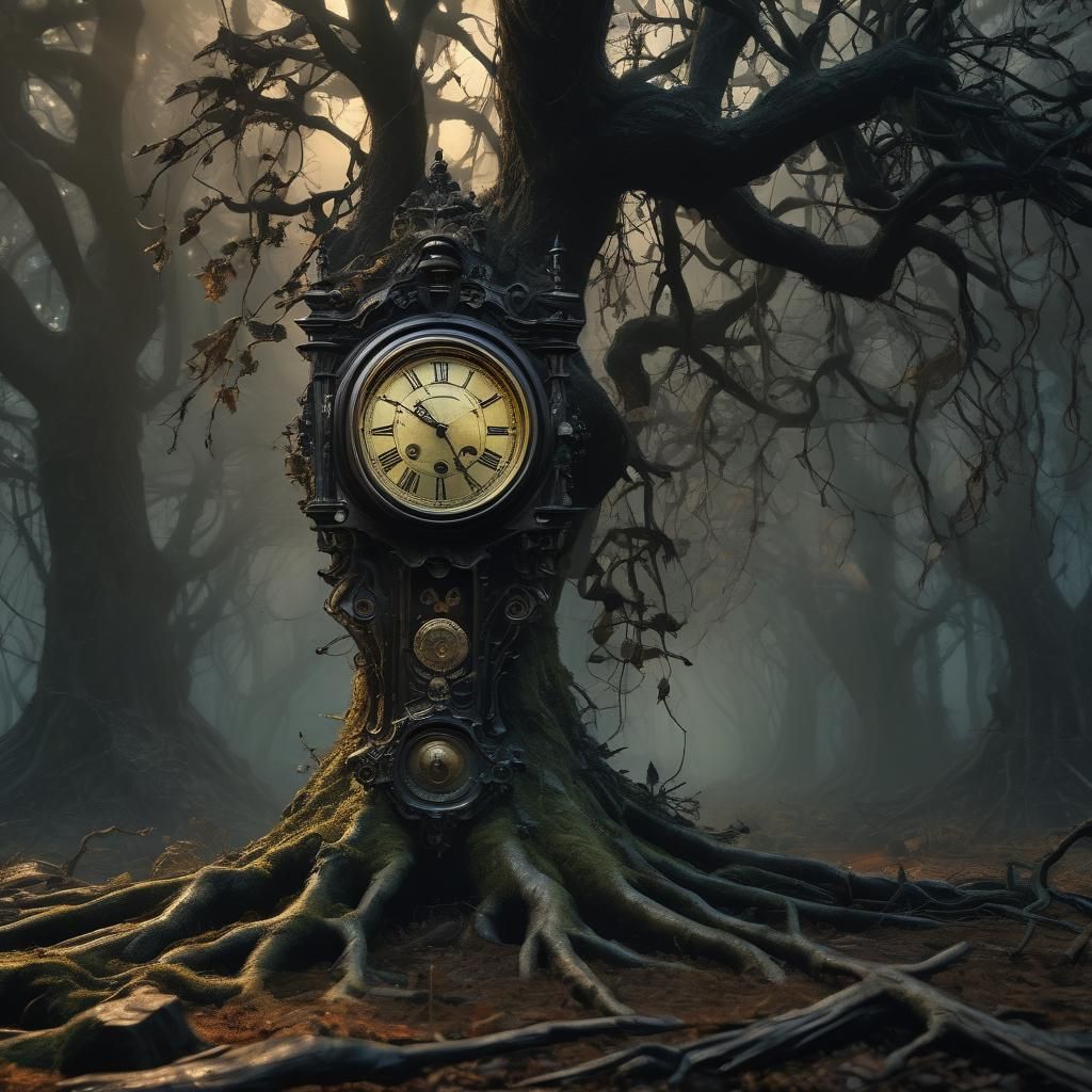 Antique Clock in Misty Forest, Beksiński Style
