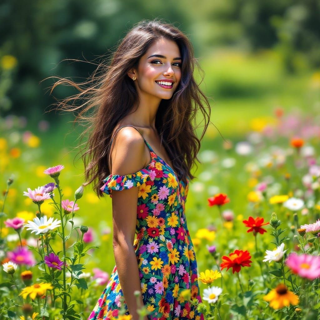 Vibrant Sundress in Lush Meadow, Inspired by Psychedelic Pop...