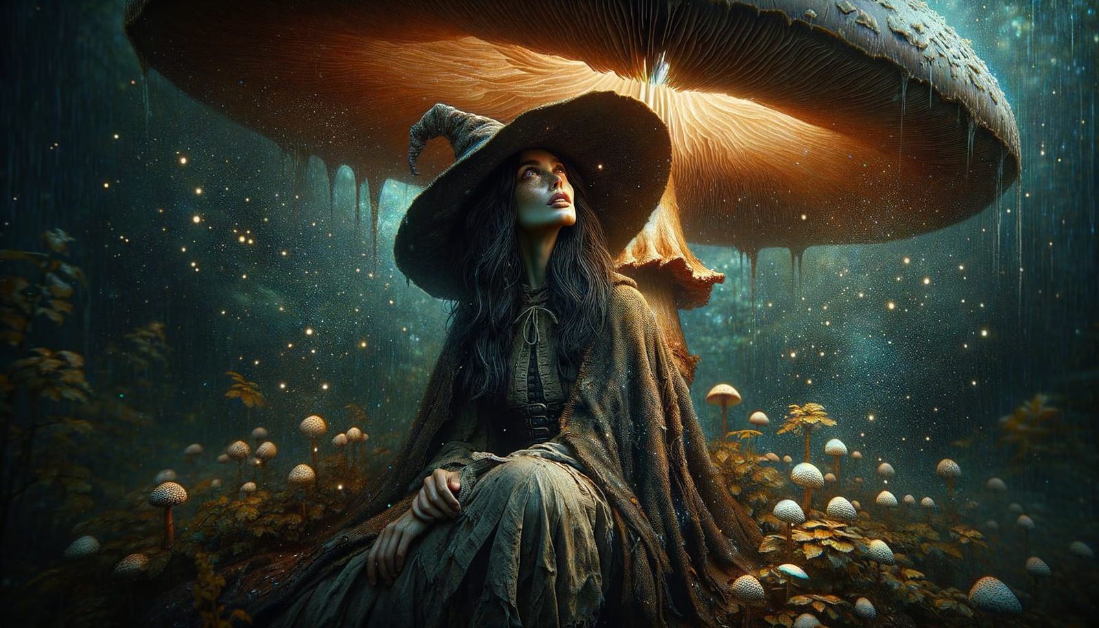 Witch Seeks Shelter Under Giant Mushroom