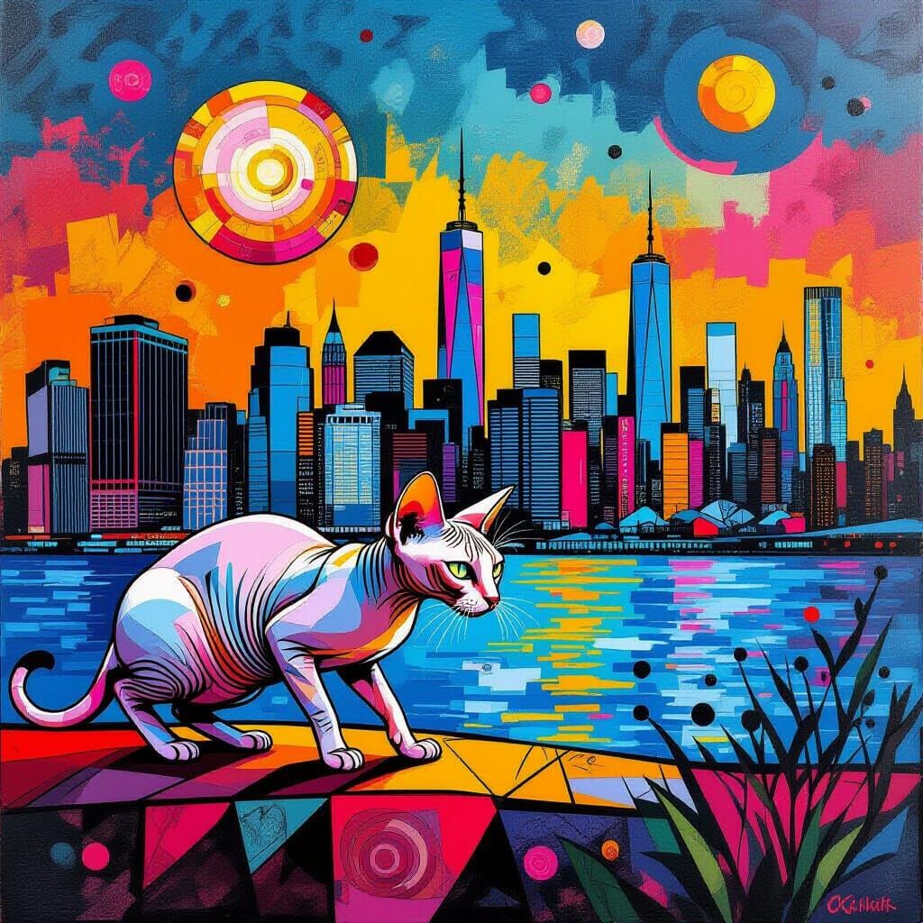 Sphynx Cat Stalking Prey in NYC Skyline