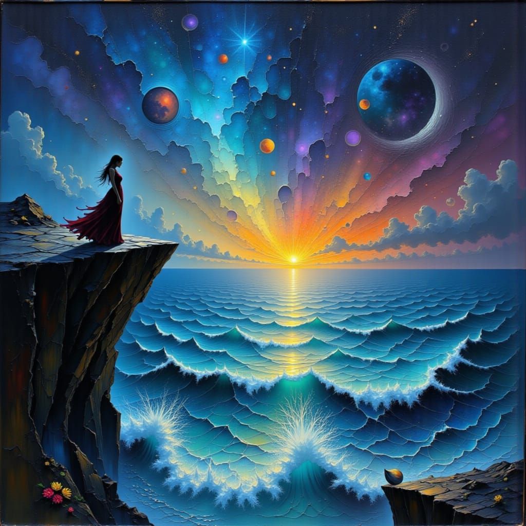Mystical Woman on Cliff Over Cosmic Sea