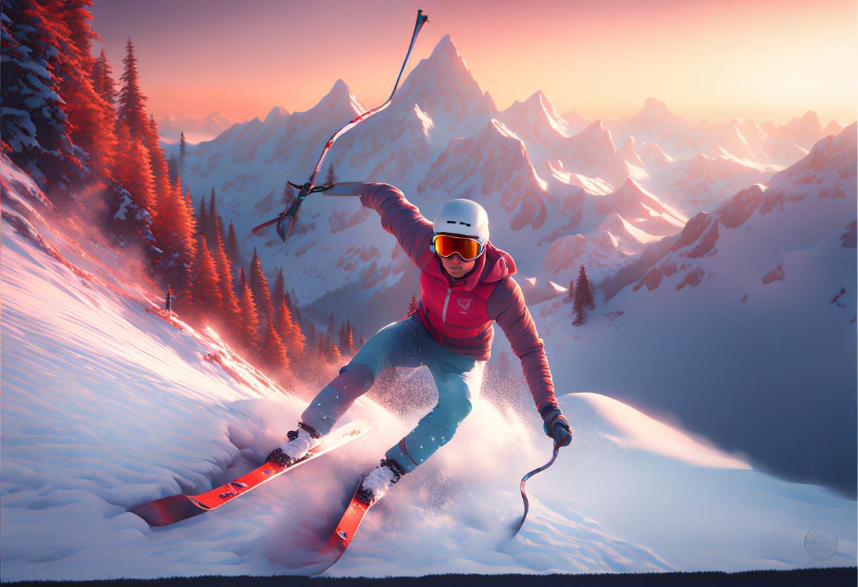Skier in Swiss Alps: Hyperdetailed Digital Art