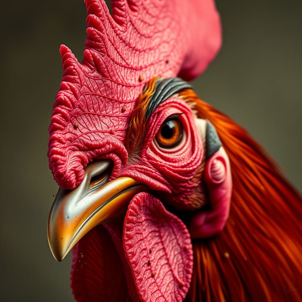 Hyper-Realistic Rooster Portrait in Intense Close-Up