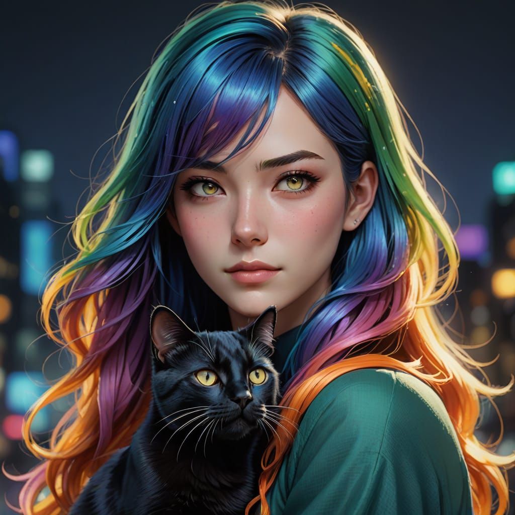 Anime Woman and Black Cat Share Tender Moment