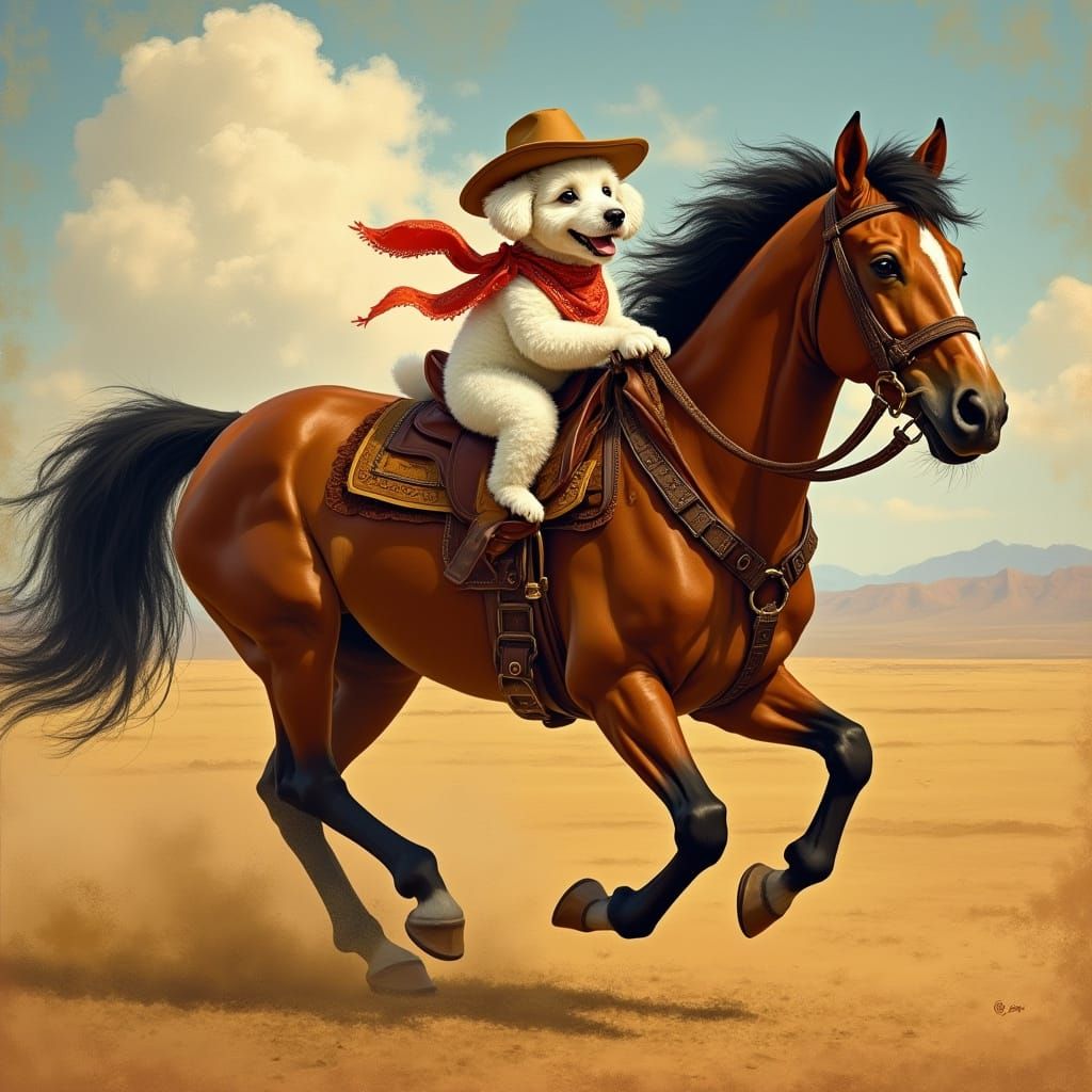 Poodle Rides Horse in Classical Painting Style