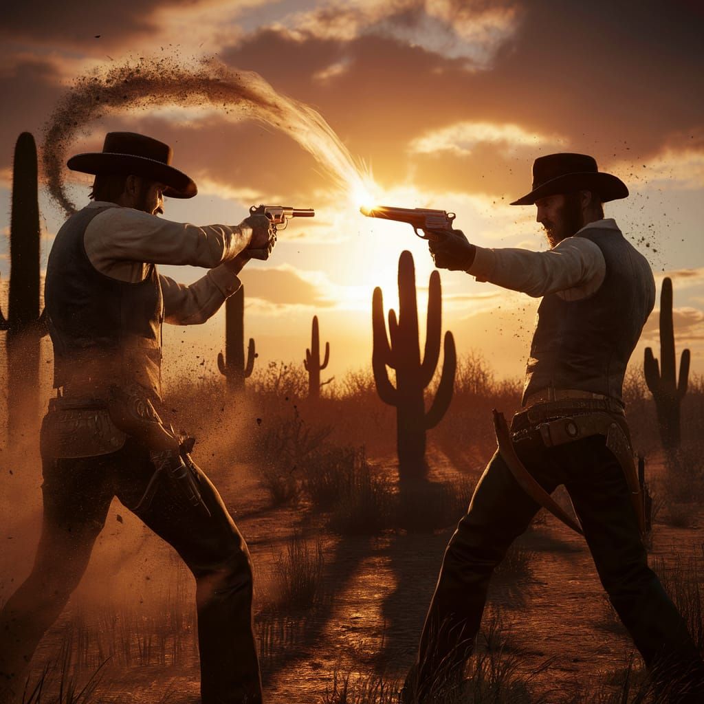 Wild West Gunslingers Duel in Dramatic Sunset