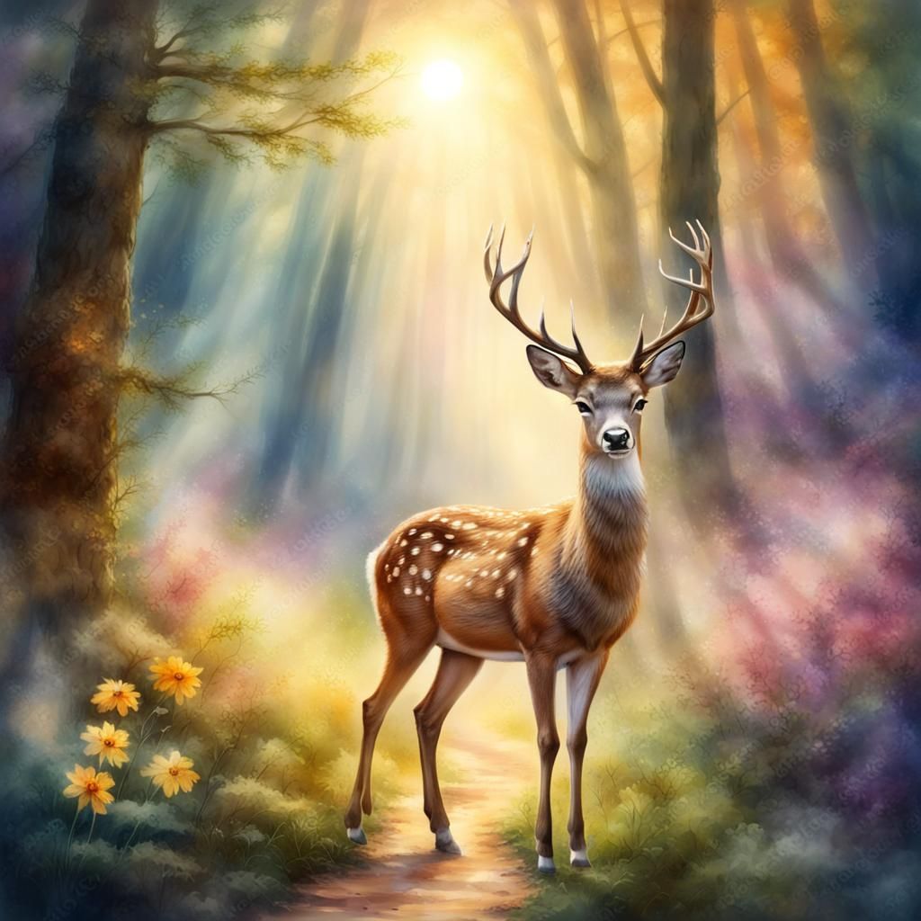 Mystic Deer in Moonlit Forest: Watercolor Style