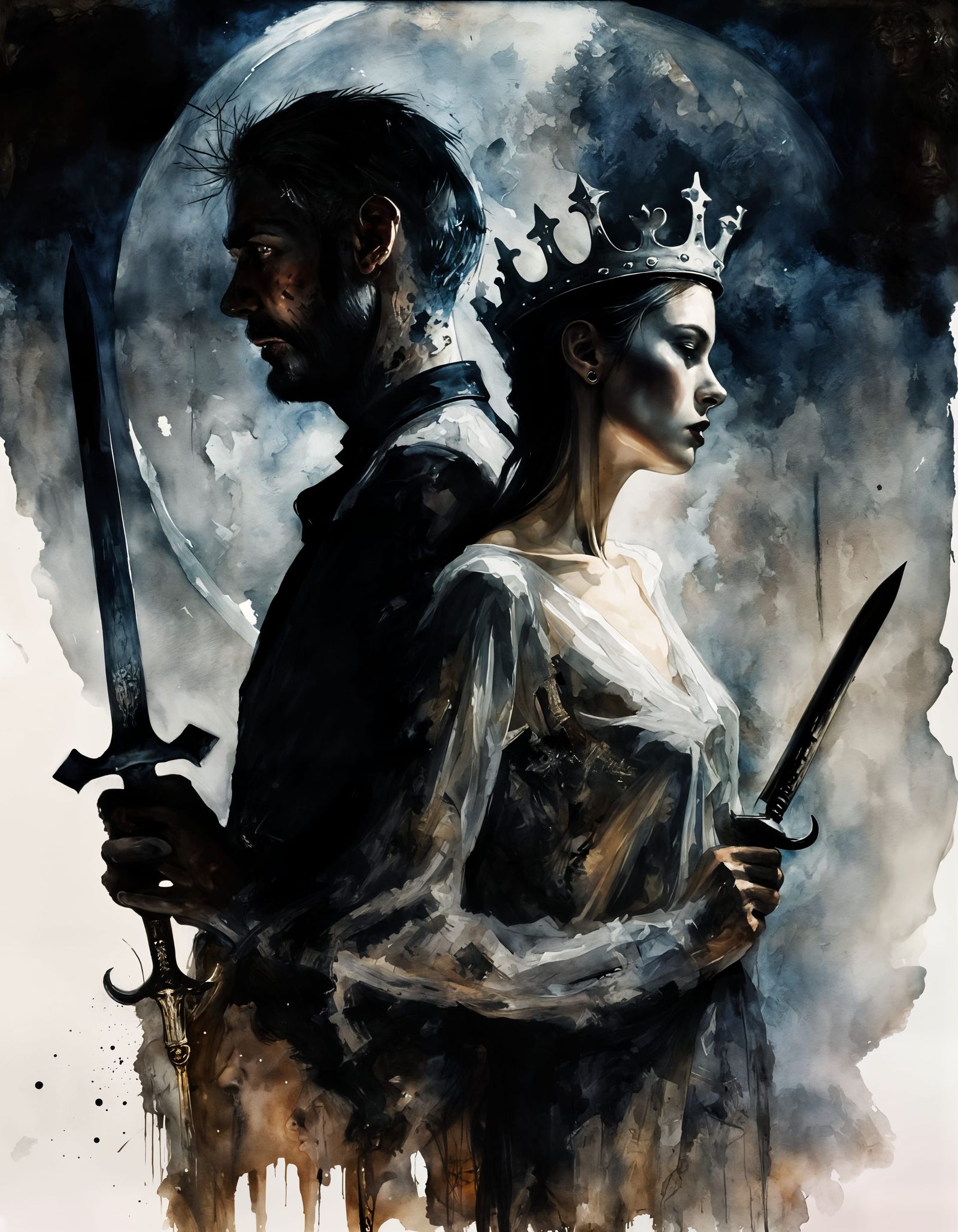 Moonlit Dagger and Crown: Sinister Watercolour Horror