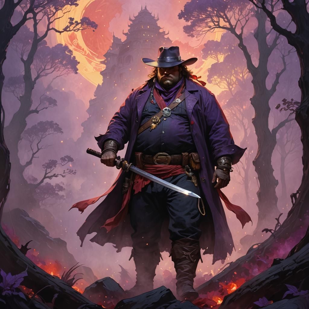 Dark Fantasy Cowboy with Katana in Art Nouveau Style