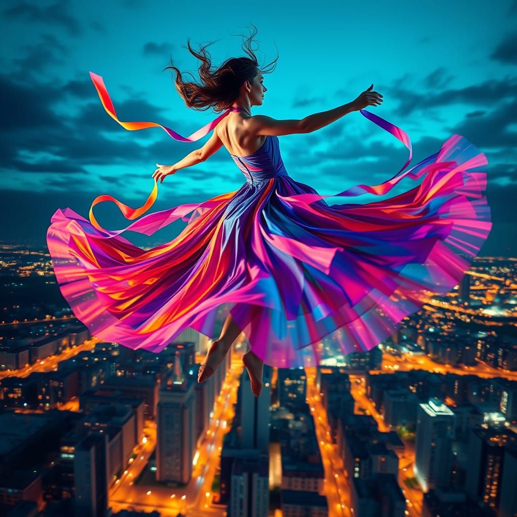 Ballerina in Motion Above Glowing City, Graffiti Art