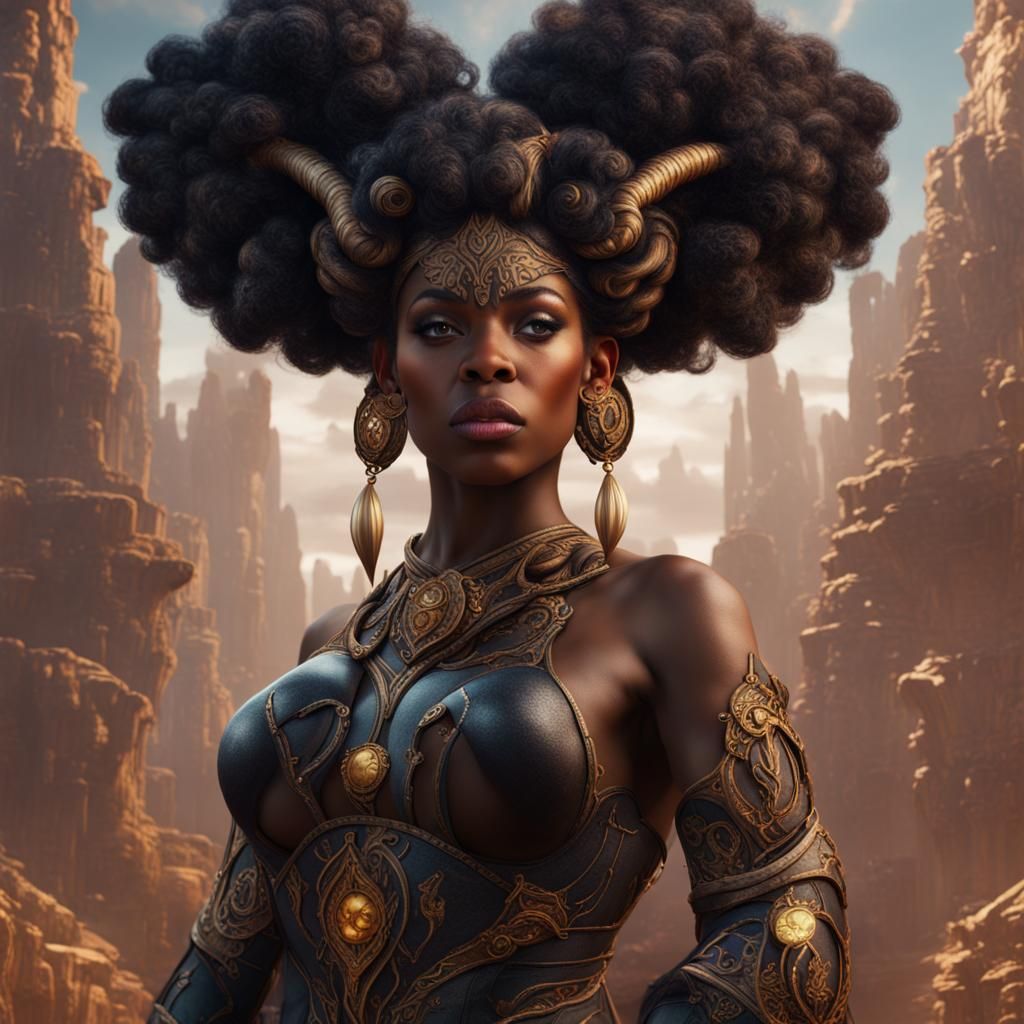Black Woman as Aries in Detailed Fantasy Art