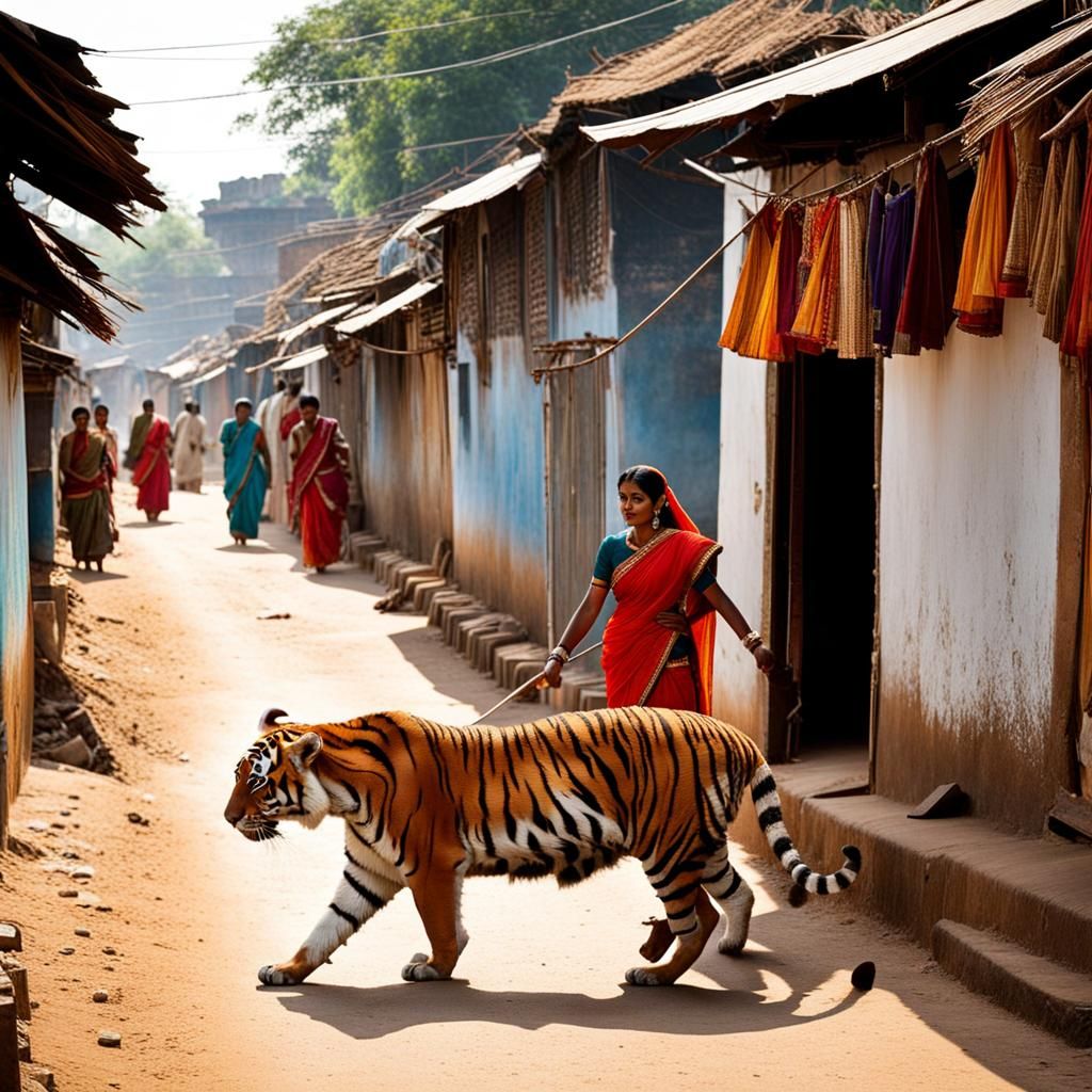 Tiger Strolls Through a Busy Indian Village