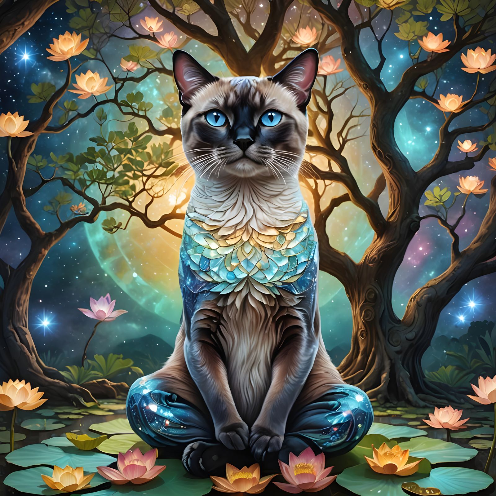Siamese Cat Meditating Under a Tree, Astral Illustration