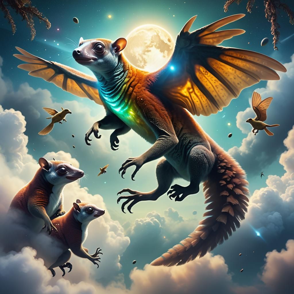 Surreal Flying Lemur Alien Soaring Through Exoplanet Mist