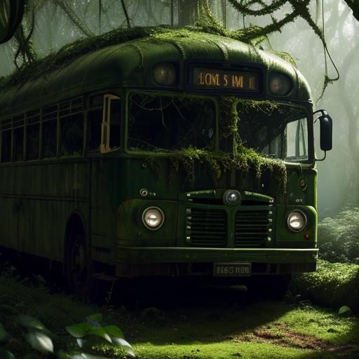 Overgrown Bus with Vines and Moss