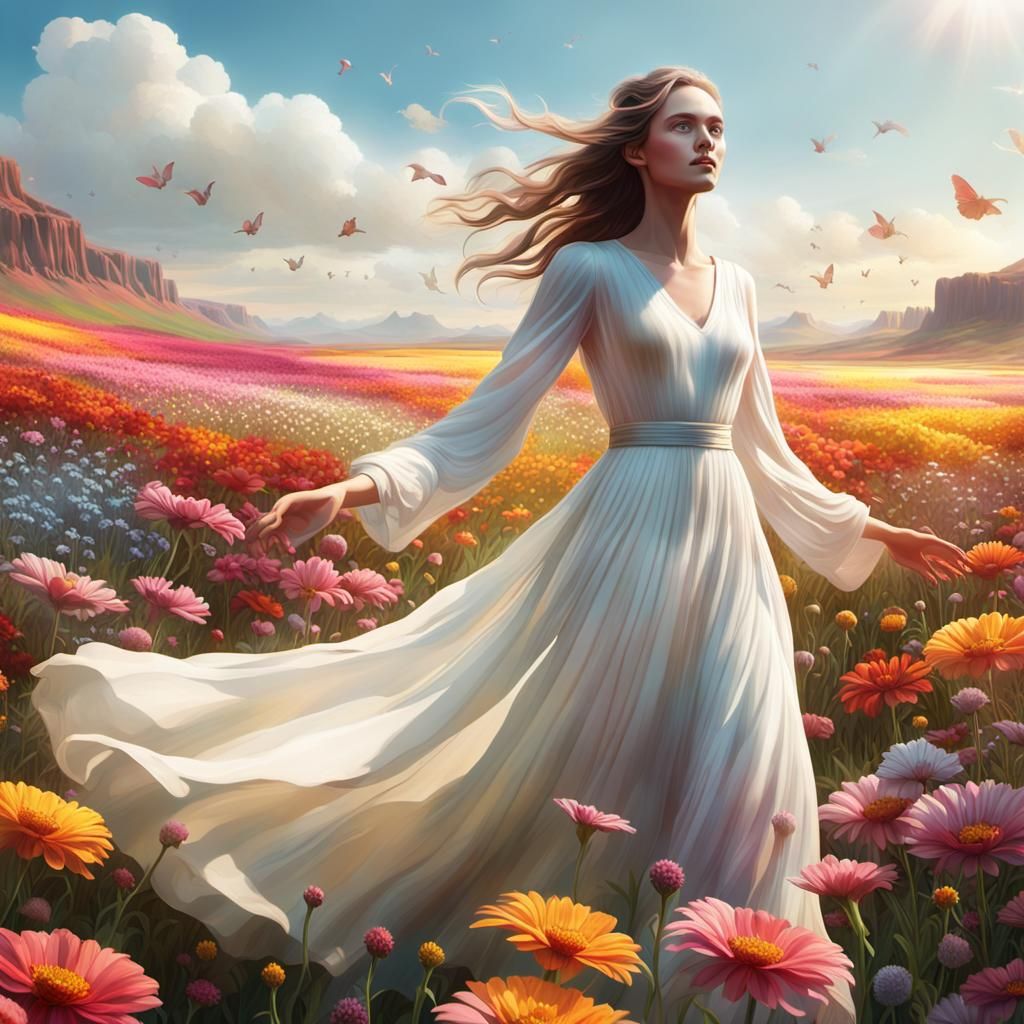 Woman in Flower Field: Cinematic Digital Matte Painting
