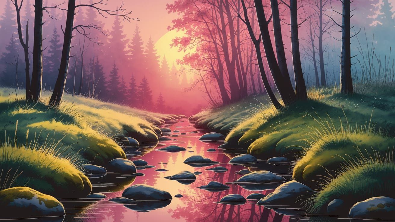 Watercolor Forest Sunset with Mossy Rocks and Stream