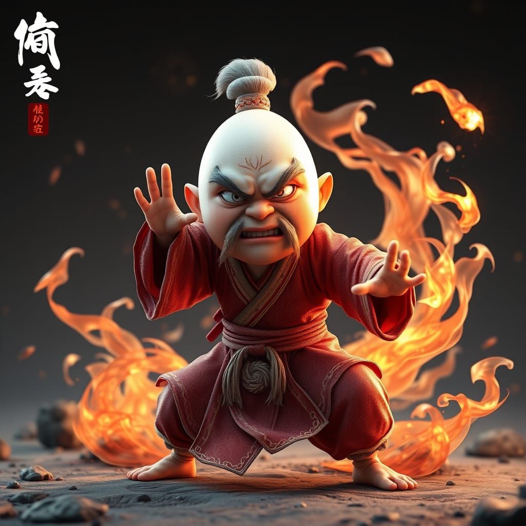 Angry Egg in Shaolin Pose: 3D Anime Art