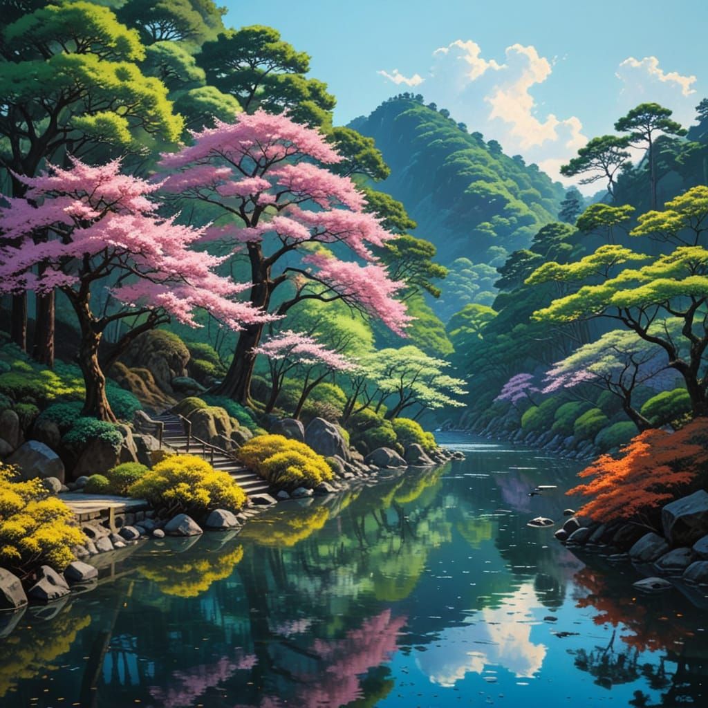 Serene Arashiyama Scene in Vibrant, Polychromatic Light
