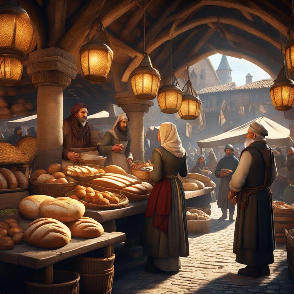 Vibrant Medieval Market Scene with Woman Buying Bread