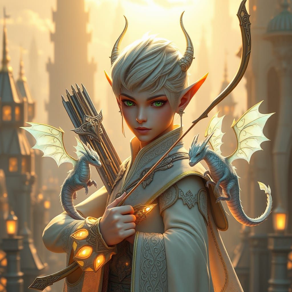 Elf and Dragons Explore Glowing City, in 3D Anime Style