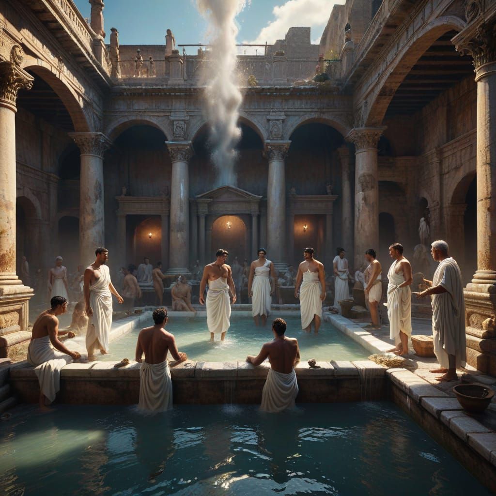 Ancient Roman Bathhouse Scene in Vibrant Fantasy Colors