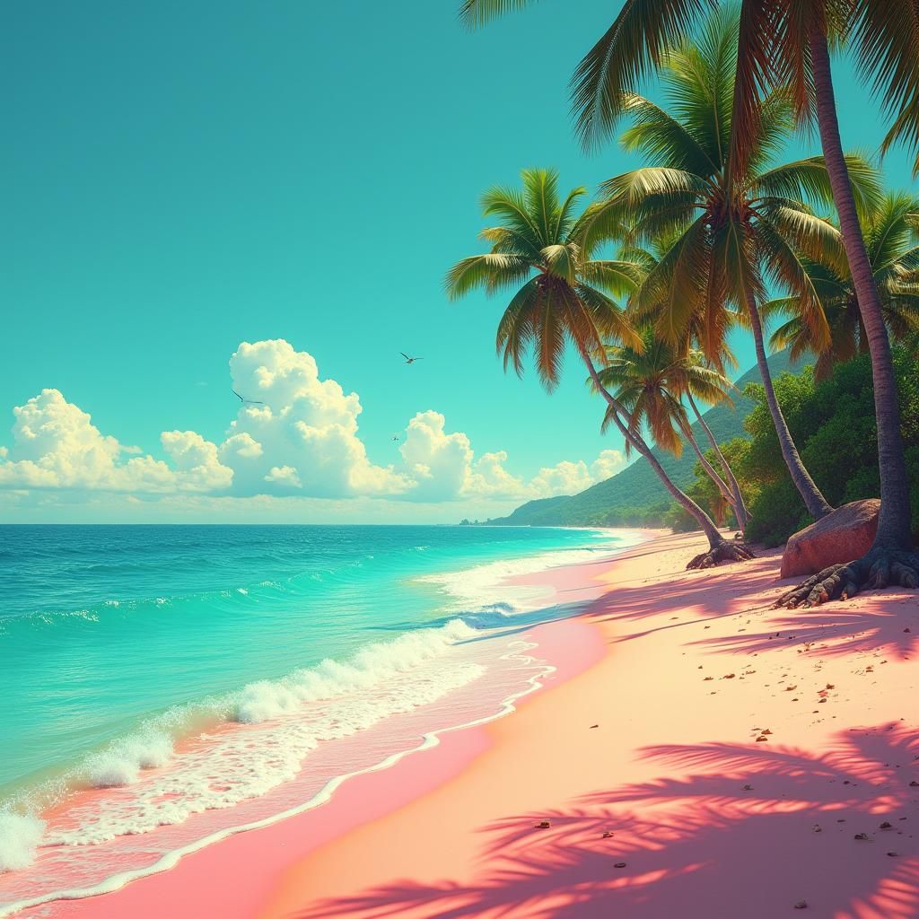 Tropical Beach with Pink Sand, Digital Art