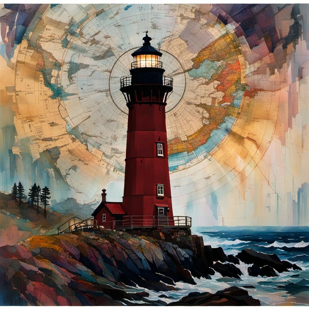 Lighthouse in Foggy Night Collage Art