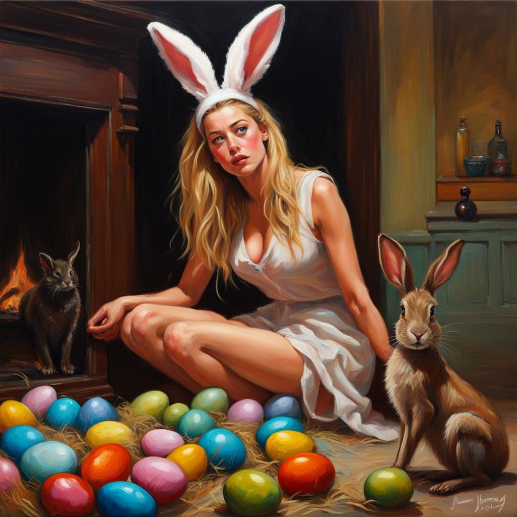 Woman's Fear of Easter Bunny: Oil Painting