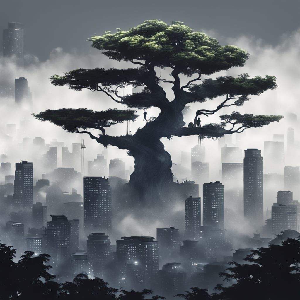 Ethereal Treetop City in Mist